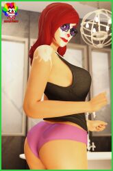 3d ass_focus clothed clown clown_girl clown_makeup clussy fortnite large_ass large_breasts looking_at_viewer looking_back panties peekaboo_(fortnite) slymyguy solo_female tank_top