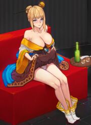 blonde_hair dress_lift dungeon_and_fighter dungeon_fighter_online female_gunner_(dungeon_and_fighter) hair_bun hair_ornament happening18 thighs