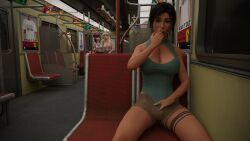 3d big_breasts brown_eyes brown_hair crop_top d.va drunk glasses hand_in_pants lara_croft lara_croft_(survivor) licking_fingers mercy overwatch overwatch_2 pee_stain peeing peeing_self piss_drinking short_skirt sitting_pee skirt smutnysize subway tattoo tomb_raider tomb_raider_(survivor) urination wetting_self