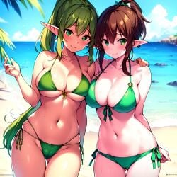 2girls ai_generated beach big_breasts bikini bikini_bottom bikini_top breast_squeeze breast_squish breasts brown_hair busty busty_female cameltoe cloak closed_legs clothed clothing covered_breasts covered_pussy cute elf female female_focus female_only giant_breasts green_bikini green_bikini_bottom green_bikini_top green_eyes green_hair green_swimsuit huge_breasts large_breasts long_ears long_hair lounging ocean pale-skinned_female pale_skin partial_nudity partially_clothed plush pointy_ears ponytail pussy resting sitting swimwear tan_skin tanned_female tanned_girl tanned_skin thick_hips thick_legs thick_thighs tropical vagina water wet wet_body