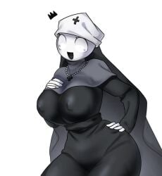 1girls alien_girl big_breasts black_clothing crown dress friday_night_funkin friday_night_funkin_mod hand_on_breast nun nun_hat simple_background smile solo_female taki_(fevertown) thick_thighs thigh_clothes tight_clothing white_background white_eyes white_skin