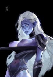 big_breasts blue_skin breasts dota dota_2 drow_ranger long_hair nipples purple_skin simple_background sureyouknowme white_hair