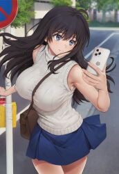 big_breasts black_hair blue_eyes blush cyclone cyclone_(reizei) long_hair original original_character purse short_skirt skirt smartphone sweat