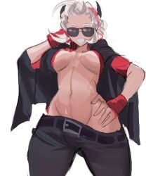 1girls belly_button big_breasts breasts demon_girl demon_horns hand_on_hip helltaker horns justice_(helltaker) looking_at_viewer looking_down rakeemspoon solo solo_female sunglasses tinted_eyewear tomboy white_hair