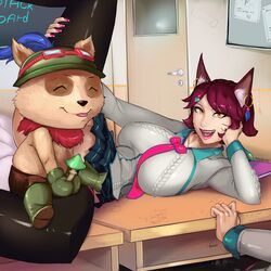 academy_ahri ahri alternate_costume desk futanari implied_futanari league_of_legends magnetus red_hair riot_games school_uniform teemo tights