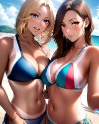 2girls ai_generated ai_mirror beach belly_button bikini bikini_tanline blonde_hair blue_bikini blue_eyes blush breast_press brown_eyes brown_hair earrings light_skin long_hair looking_at_viewer medium_breasts mountain open_mouth sea seaside selfie smile suntan tanned_skin together