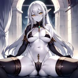 ai_generated amber_eyes big_breasts bikini breasts cameltoe dark_elf drow elf elf_ears elf_female female female_focus female_only gold_eyes grey_skin huge_breasts large_breasts long_ears partial_nudity partially_clothed platinum_blonde_hair pointy_ears pussy solo solo_female solo_focus spread_legs underboob vagina wet white_hair yellow_eyes