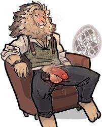 alpha_channel anthro armchair balls biped blush bodily_fluids bottomwear chair clothed clothing felid fingers furniture genital_fluids genitals glans humanoid_genitalia humanoid_penis jam_(artist) lion male mammal mane pantherine pants penis precum shirt simple_background solo sweat topwear transparent_background