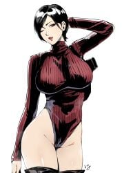 1girls ;p ada_wong bare_thighs big_breasts black_hair bob_cut capcom club3 cowboy_shot dbd dead_by_daylight facing_viewer female female_only highleg_leotard holster holstered_pistol holstered_weapon large_breasts legs_together leotard leotard_sweater liangjushuang long_sleeve_leotard looking_at_viewer mole_on_thigh one_eye_closed pixie_cut resident_evil resident_evil_4 resident_evil_4_remake short_hair shoulder_holster simple_background solo standing thigh_boots tight_clothing white_background wink
