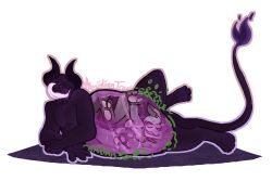 black_body black_horns black_tail bulging_belly digestion digestion_noises duo eyeless eyeless_male fire_tail gurgling gurgling_noise internal internal_view male obsidian_trash preril_(assbeaterr34) purple_tongue vore wolf