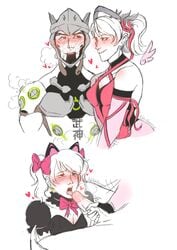 alternate_costume asian_male_white_female black_cat_d.va blush cyborgbunny d.va female gency genji genva mercy nanaxann overwatch pigtails pink_mercy tagme wholesome