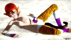 3d 3dtoeless_legwear bandage bandaged_hand bandaged_leg bandages beach beach_background breasts breath_of_fire breath_of_fire_ii cat_girl cat_humanoid catgirl facepaint furry furry_female gloves green_eyes katt katt_(breath_of_fire) laying laying_on_ground laying_on_side purple_nails red_hair riaykuras_playground rinpoo_chuan self_upload stripes toeless_footwear toeless_socks violet_nail_polish