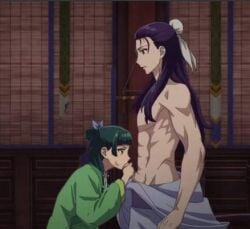 1boy 1girls blue_eyes chinese_clothes edit fellatio female green_hair jinshi_(kusuriya_no_hitorigoto) kusuriya_no_hitorigoto long_hair male maomao_(kusuriya_no_hitorigoto) muscular_male nekom14 penis purple_hair screencap