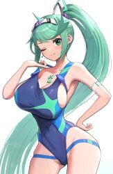 1girls absurd_res alluring alternate_costume big_breasts bikini breasts core_crystal gonzarez green_eyes green_hair high_res long_hair one-piece_bikini pneuma_(xenoblade) ponytail simple_background swimsuit very_long_hair white_background xenoblade_(series) xenoblade_chronicles_2