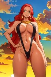 1girls ai_generated baccarat_(one_piece) bare_arms bare_legs bare_shoulders bare_thighs big_breasts blush color female female_focus female_only green_eyes hi_res jewelry large_breasts light-skinned_female light_skin long_hair looking_at_viewer one-piece_swimsuit one_piece one_piece_film_gold red_hair senotakai_ai shounen_jump sky solo solo_female sunset swimsuit swimwear tagme thick_thighs