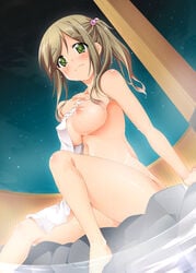 1girls bbgaoimikan blush breasts brown_hair closed_mouth collarbone commentary covering eyebrows_visible_through_hair female fisheye from_below green_eyes hair_bobbles hair_ornament highres inuyama_aoi large_breasts long_hair looking_at_viewer midriff night nipples nude nude_cover oerba_yun_fang onsen outdoors side_ponytail sitting sky smile solo star_(sky) starry_sky steam thick_eyebrows towel water yurucamp