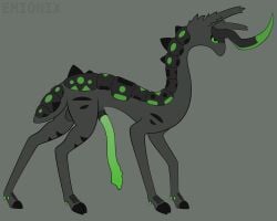 1_horn absurd_res animal_genitalia animal_penis artist_name balls big_penis black_markings black_sclera black_scutes cloven_hooves darkened_balls darkened_genitalia darkened_sheath dewclaw_hooves emionix feral flat_colors fur genitals green_eyes green_markings green_penis grey_background grey_balls grey_body grey_fur grey_sheath half-erect hi_res hoofbeast hooves horn lidded_eyes long_ears long_neck long_penis male markings mouthless nonbinary_(lore) noseless omnigon omnitope pawn_(emx) penis pupils quadruped scutes sheath short_tail side_view simple_background slim slim_feral slim_male slit_pupils snout solo solo_male spikes spikes_(anatomy) standing striped_markings stripes tail tapering_snout text thick_tail thin_legs thin_penis toony unguligrade