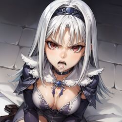 1girls after_fellatio after_oral ai_generated angry angry_face arbitrary blanc_neige cleavage cum cum_in_mouth hi_res medium_breasts open_mouth oral_creampie red_eyes shining_(series) stable_diffusion tongue_out white_hair