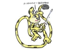 4_fingers 4_toes balls censored cum cumshot ejaculation erect_penis furry holding_penis long_tail lowres male marsupilami masturbation open_mouth paws penis skinny solo tail text toony twister_(marsupilami_hoobadventure) white_background young