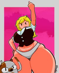 1girls 2023 absurd_res adventure_time adventure_time:_fionna_&_cake angry big_breasts black_eyes blonde_hair cake_the_cat cartoon_network female fionna_the_human_girl hip_squish long_hair looking_at_viewer middle_finger no_pants odiniix thick_thighs viewed_from_below wide_hips