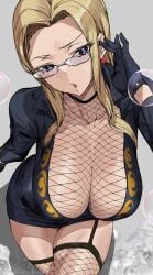 1girls ashiomi_masato big_breasts blonde_hair blush clothed clothing color female female_focus female_only fishnets glasses hi_res kalifa kalifa_(one_piece) large_breasts light-skinned_female light_skin long_hair looking_back one_piece solo solo_female tagme thick_thighs