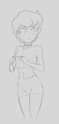 1boy 2023 abs blue_eyes bulge choker cobalt_(ytg) crop_top embarrassed femboy feminine_male human itzal monochrome pinup short_hair shorts shy skinny solo tomgirl twink