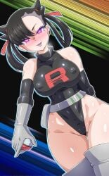 1girls abs alternate_breast_size alternate_outfit black_hair bodysuit corruption earrings enemy_conversion female female_only gloves hair_ribbon latex latex_gloves marnie_(pokemon) mind_control no0o0n0o0on pokemon pokemon_ss purple_eyes solo solo_female team_rocket