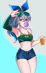 1girls abs absurd_res absurdres bikini_top brazilian_flag drink eyewear_on_head female female_only fully_clothed gray_eyes gray_hair hair_tie honkai:_star_rail legs_together looking_at_viewer pale-skinned_female pale_skin ponytail revealing_clothes short_shorts silver_wolf_(honkai:_star_rail) small_breasts solo sweat sweatdrop tight_clothing tubetop zaplock13