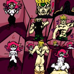 big_butt cowgirl_position crossover dio_brando erection exclamation_point fat_ass hazbin_hotel heart heart-shaped_pupils jojo's_bizarre_adventure menacing menacing_(jojo) muscular_male mysticchoppa niffty one_eye pale_skin pink_nipples plap_(sound) pleasure_face pov red_eyes red_hair ripping_clothing sharp_teeth squirting stickman text vampire white_skin yellow_eyes yellow_hair yellow_teeth