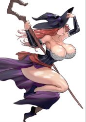 1girls 2023 armwear big_breasts cleavage dragon's_crown dress female female_only juaagacgy long_hair looking_at_viewer red_hair solo sorceress_(dragon's_crown) staff thick_thighs white_background witch_hat