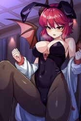 1girls ao_(user_xcnx5328) breasts bunnysuit fishnets guardian_tales leotard short_hair solo succubus succubus_adventurer_yuze_(guardian_tales) tagme yuze_(guardian_tales)