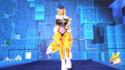 1girls 3_toes 3d animated anthro bandai_namco black_nose black_sclera blue_eyes canid canine chest_tuft claws digimon digimon_(species) digital_media_(artwork) eyewear feet female female_only fox fur furry gif glasses kespr looking_at_viewer mammal markings navel rena_(yourdigimongirl) renamon renamon_(warfaremchine) smile snu-snu_strut solo thick_thighs toes tuft walking white_body white_fur wide_hips yellow_body yellow_fur