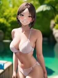 1girls ai_generated ai_mirror belly_button blush brown_hair green_eyes lake looking_at_viewer outside rocks short_hair small_breasts smile standing trees underwear white_skin white_underwear