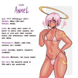 1boy :o angel angel_boy anhel_(loggus_doggus) bikini character_sheet english_text femboy girly halo hi_res loggus_doggus looking_at_viewer male male_only purple_eyes solo text trap white_hair yellow_lipstick