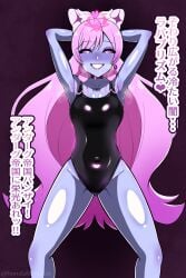 arms_behind_head black_sclera blue_skin bowlegged brainwashing covered_navel female honda_horumarin hypnosis leotard mind_control thick_thighs tongue_out transformation wide_hips