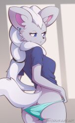 anthro ass back_view cinccino ear_piercing female female_only furry looking_at_viewer panties pokémon_(species) pokemon pulling_panties tagme tail yorusagi