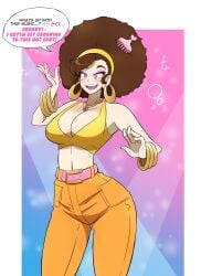 afro belt bimbo bimbo_body bimbofied cleavage disco female gold jewelry kobi-tfs kobi_(kobi) midriff music_hypnosis necklace pants thick_thighs wide_hips