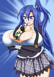 1girls blue_eyes blue_hair blush breasts chubby cleavage female female_only hyper hyper_breasts kazanari_tsubasa long_hair microphone miniskirt oxdaman oxdarock school_uniform senki_zesshou_symphogear shocked skirt solo suggestive