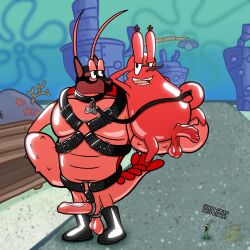 3boys absurd_res animal_mask anthro arthropod balls collar crab crustacean decapoda detailed_background duo english_text gay genitals hi_res humanoid_genitalia humanoid_penis larry_the_lobster leash lobster malacostracan male male/male marine mask micro mr_krabs name_tag nickelodeon outside penis plankton_(species) pup_mask sheldon_j._plankton spongebob_squarepants text yoshoblue