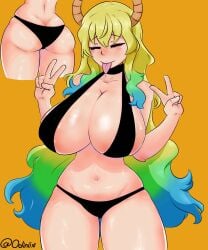 1girls 2024 ass ass_cleavage big_breasts bikini blonde_hair blue_hair blush closed_eyes double_v dragon_girl dragon_horns female female_only green_hair horns long_hair miss_kobayashi's_dragon_maid odiniix orange_background quetzalcoatl_(dragon_maid) solo thick_thighs three_tone_hair tongue_out v_sign very_high_resolution