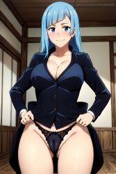 1girls ai_generated big_breasts blue_eyes blue_hair blush blush_lines blushing_at_viewer breasts cameltoe cleavage cleavage_cutout curvy curvy_figure female hands_on_hips jujutsu_kaisen kasumi_miwa lewdcreationsai looking_at_viewer panties pussy pussy_through_clothing solo solo_female suit tagme thighs