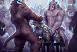 anal anal_sex anthro anthro_on_anthro anthro_penetrated ass audience bodily_fluids bondage bound brown_body captured charr claws cold cuff_(restraint) cum cum_in_mouth cum_inside double_penetration drooling exhibitionism felid feline fuck_bench genital_fluids genitals grey_body group guild_wars hi_res hip_grab holding_horn horn humanoid_genitalia larger_male looking_up_at_partner male male_penetrated mammal milo_goldenheart muscular muscular_anthro nipples nude nude_anthro oral oral_penetration pecs penetration penile penile_penetration penis_in_ass restraints saliva scar sex size_difference smaller_male smile tail tattoo teeth trio voldyscribbles