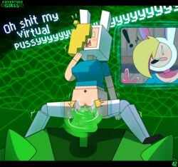 adventure_girls adventure_time blonde_hair blush bottomless bunny_ears cartoon_network clitoris drill exclamation female female_focus fionna_the_human_girl hair_over_one_eye highres long_socks mob_face pussy screen shocked shoes somescrub spinning stimulation stockings text video_game