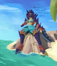 2024 absurd_res anthro beach bodily_fluids brute_wyvern capcom casual_urination clothing digital_media_(artwork) female genital_fluids glavenus hi_res monster_hunter peeing seaside solo swimming_trunks swimwear urine urine_pool valrionwrites water wetting