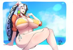 absurdres ashiya_douman_(fate) bikini black_hair breasts cleavage fate/grand_order fate_(series) female genderswap_(mtf) highres huge_breasts long_hair looking_at_viewer multicolored_hair open_mouth romo_(samesameyeah) rule_63 samesameyeah sitting smile solo swimsuit tagme white_hair