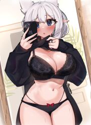 absurdres aurwoora_(jellen_aura) big_breasts big_nipples black_bra black_hoodie black_panties blush bow bow_panties bra breasts cellphone clothes_lift female highres hood hoodie iphone large_breasts lorel_(aurwoora) mirror original original_character owl_girl panties phone selfie shiny_skin smartphone solo sweat taking_picture underwear white_hair