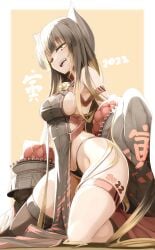 asian_clothing bare_legs bare_thighs big_ass big_breasts black_hair chinese_clothes furry_ears genek kneeling long_hair looking_at_viewer panties petite petite_body petite_female sideboob slim_waist stockings teenager thick_thighs wide_hips