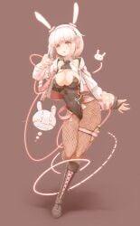 big_breasts bob_cut boots braided_ponytail bunny_costume bunny_ears bunny_girl bunnysuit genek long_sleeves looking_at_viewer pantyhose petite petite_body petite_female pink_hair slim_waist teenager thick_thighs wide_hips