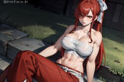 1girls abs ai_generated bare_arms bare_shoulders big_breasts blush clothed clothing color erza_scarlet fairy_tail female female_focus female_only hi_res large_breasts light-skinned_female light_skin long_hair looking_at_viewer muscular muscular_female red_eyes red_hair senotakai_ai sitting solo solo_female tagme