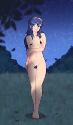 1girls barefoot barely_visible_genitalia barely_visible_pussy blue_eyes blue_hair breasts censored completely_naked completely_nude completely_nude_female convenient_censoring exhibitionism female female_only fire_emblem fire_emblem_awakening forest forest_background leaves leaves_on_breasts legs_together long_hair lucina_(fire_emblem) night nintendo nude nude_female outdoor_nudity outdoors small_breasts solo starry_sky stars thick_thighs thigh_gap uc-four